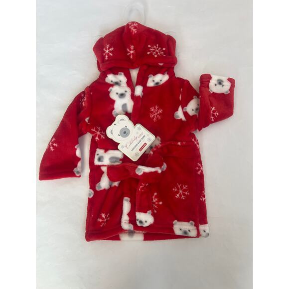 CELEBRITY BABY HOODED ROBE RED WITH POLAR BEARS AND SNOWFLAKES SIZE 0-6 MO - Picture 1 of 9